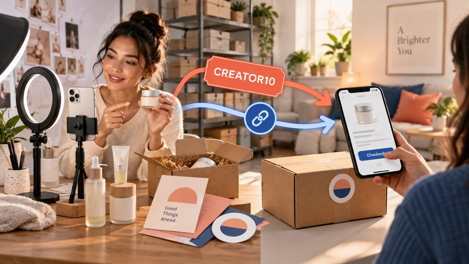 Creator filming skincare content beside a ring light while a shopper views a product checkout on a phone, with illustrated arrows for a creator code and tracked link above branded-looking parcels and packing inserts.