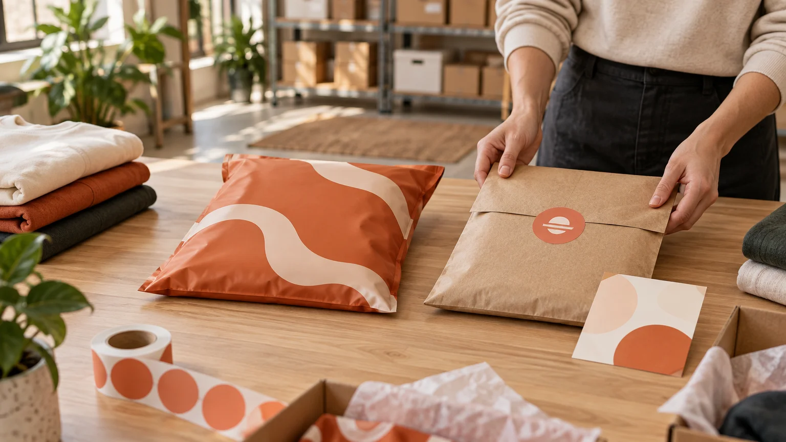 Person at a small fulfillment table holds a plain brown mailer with an orange logo-like sticker beside a custom orange poly mailer, branded insert card, packing tape, folded clothing, and shipping supplies.