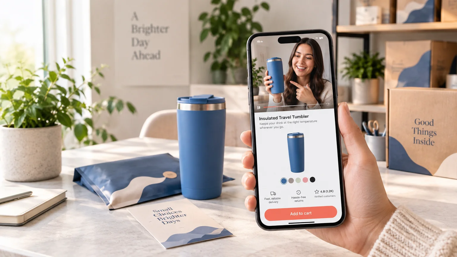 Hand holding a smartphone showing a blue insulated travel tumbler product page with a creator video, color options, delivery and returns icons, rating, and an add-to-cart button beside matching packaging and a tumbler on a table.