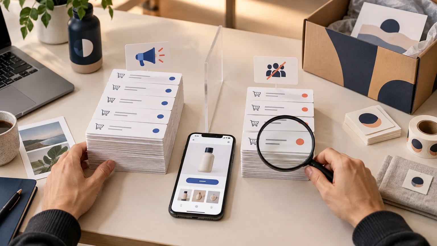 Overhead view of an ecommerce workspace with a phone showing a product page, two stacks of order cards separated by a clear divider, a magnifying glass, packaging stickers, and an open branded parcel box.