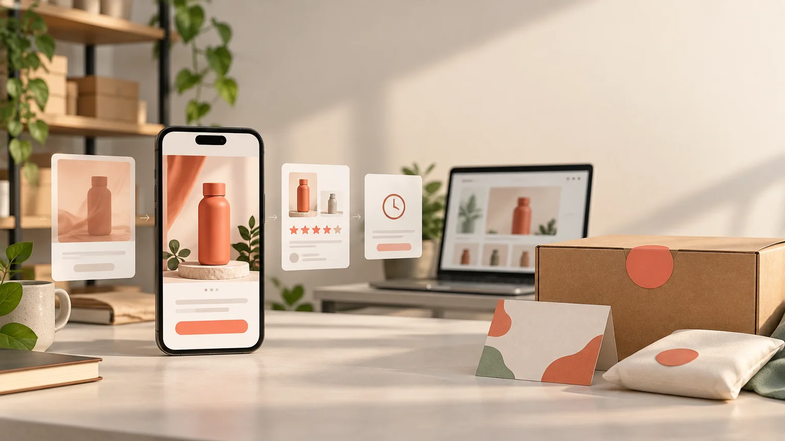 Warm-toned ecommerce workspace with a phone showing a coral bottle product page, floating review and timing panels, a laptop storefront, and branded-looking parcel packaging on a desk.