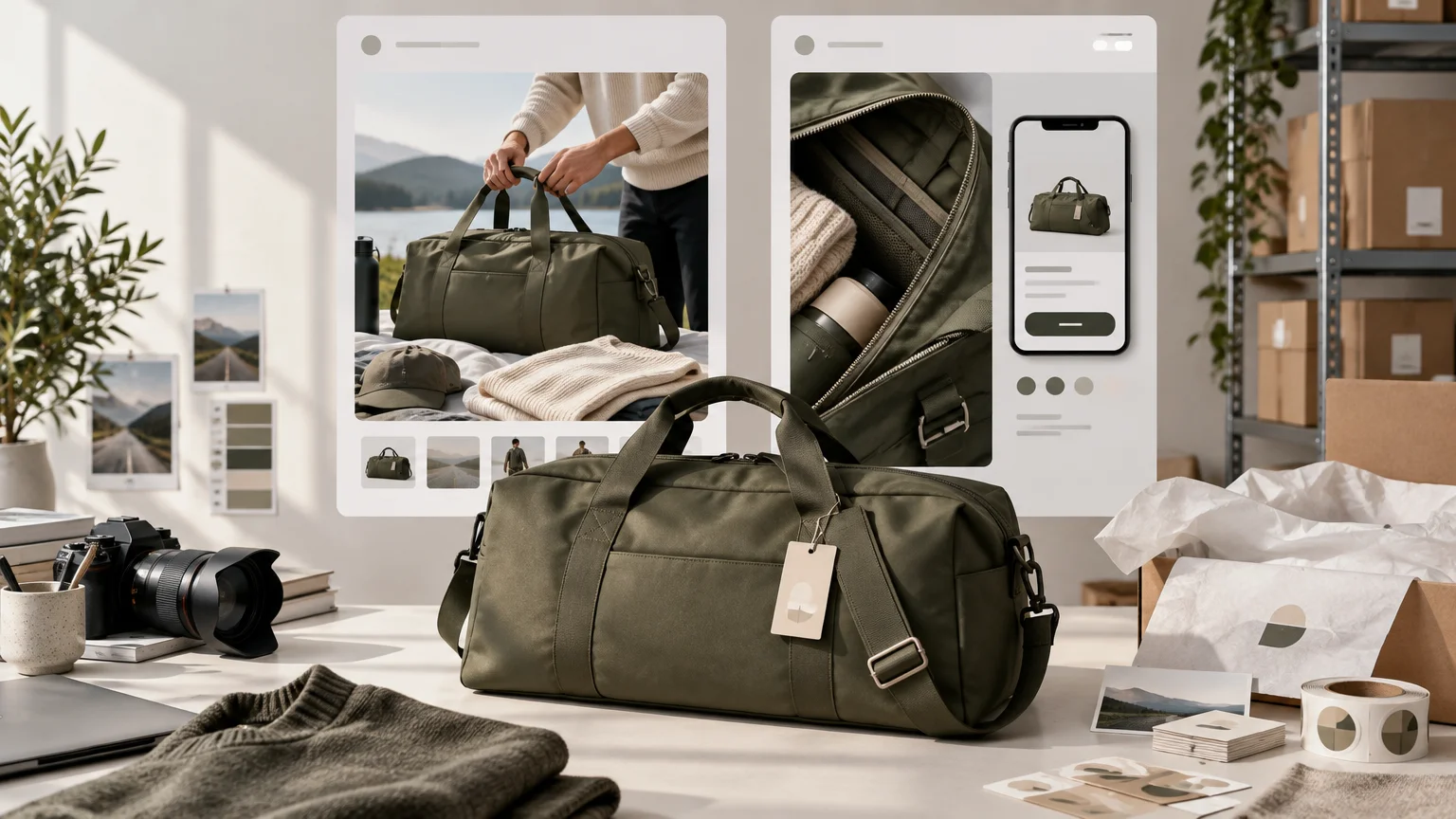 Ecommerce workspace featuring an olive travel duffel, packaging materials, camera, warehouse shelves, and two large product-page mockups showing the bag.
