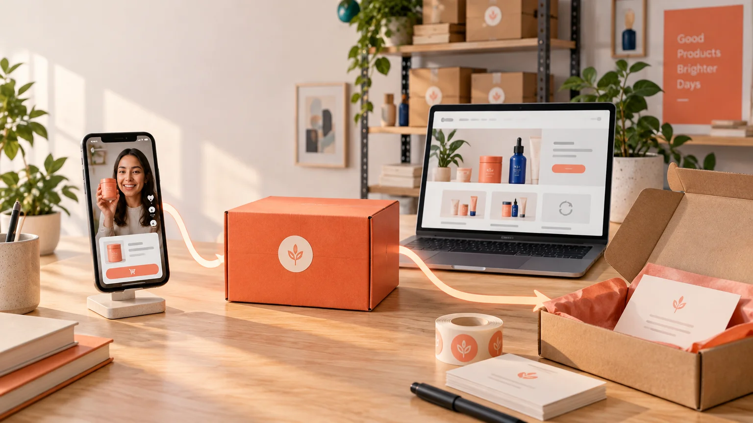 Warm ecommerce workspace with a phone showing a creator holding a skincare jar, a laptop product page, branded orange shipping boxes, packing materials, and an arrow linking the phone, store, and unboxing parcel.