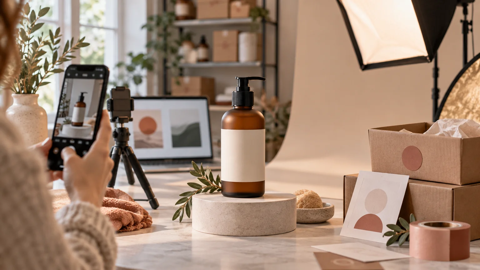 Person photographing an amber pump bottle with a smartphone beside a laptop, tripod, studio light, branded-looking cardboard parcels, packaging insert, and styling props on a tabletop.